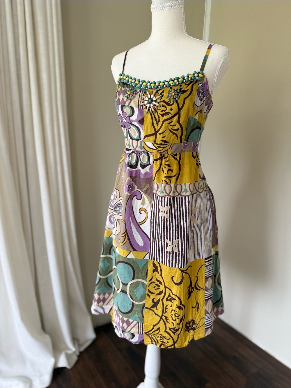 Vintage CAbi Multicolor Patchwork Sundress with Mustard Purple Teal Beading - Picture 2 of 9